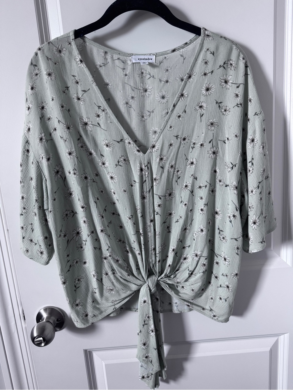 Eyeshadow Sage Green Daisy Tie-Front V-Neck Blouse-Medium